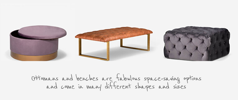 On white images of round purple ottoman, brown upholstered rectangular bench and grey velvet square